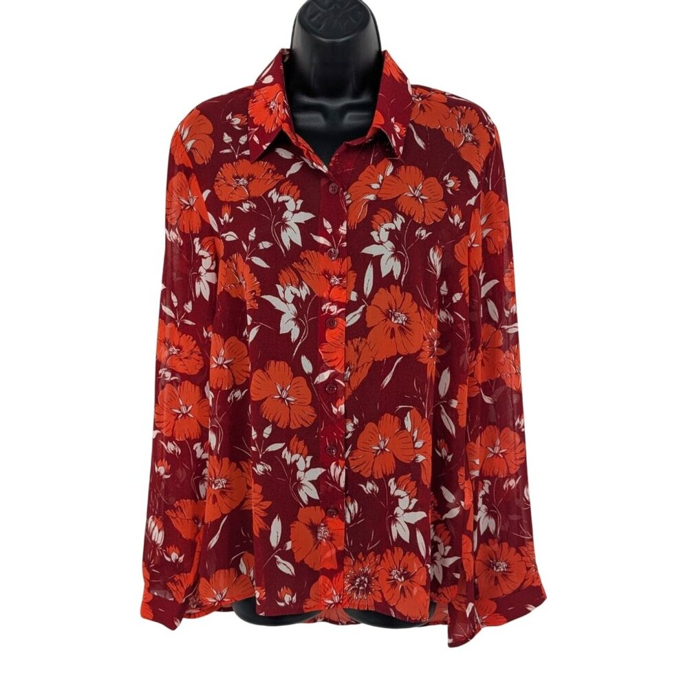 CAbi Floral Button Up Top Sheer Chiffon Long Sleeve Office Boho Coquette Size M